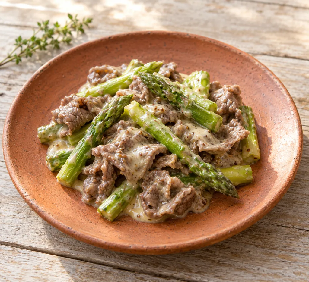 牛肉とアスパラのマスタードマヨ煮の完成イメージ