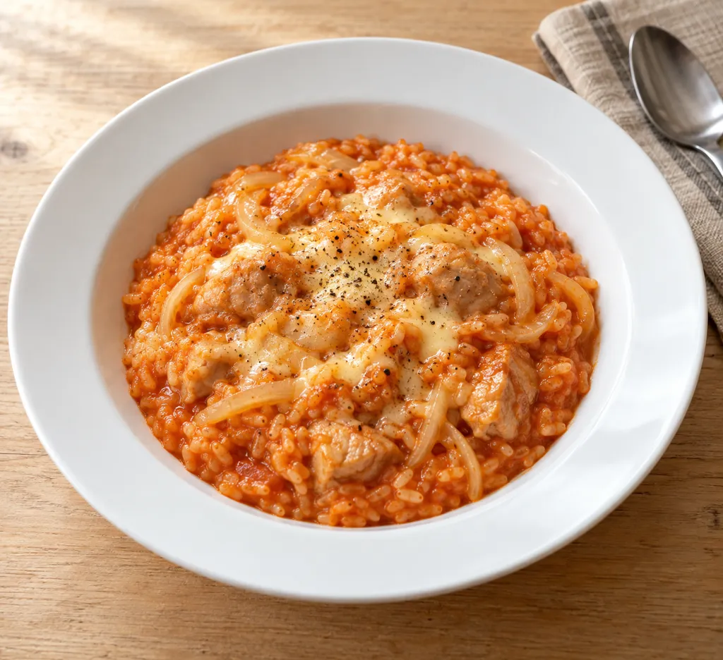 時短鶏もも肉と玉ねぎのケチャップリゾットの完成イメージ