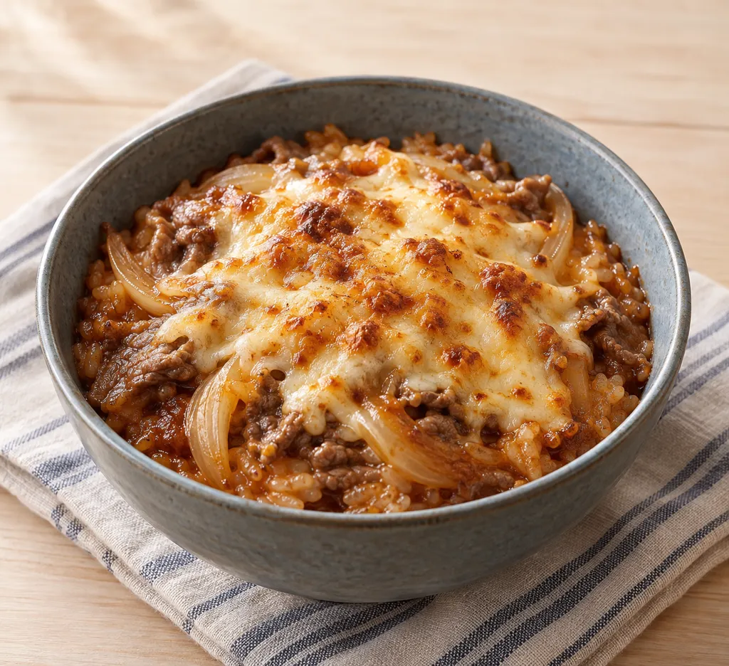 牛こま肉と玉ねぎのライスグラタンの完成イメージ