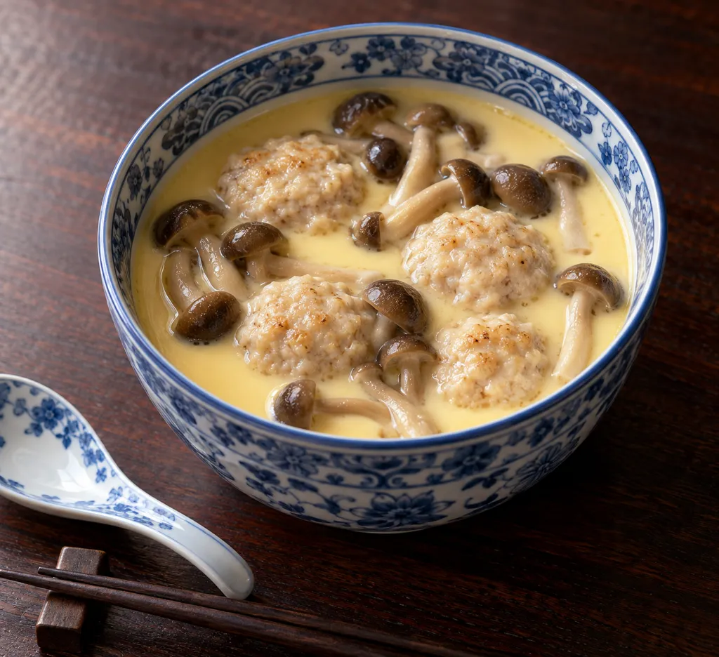 鶏団子としめじの中華茶碗蒸しの完成イメージ
