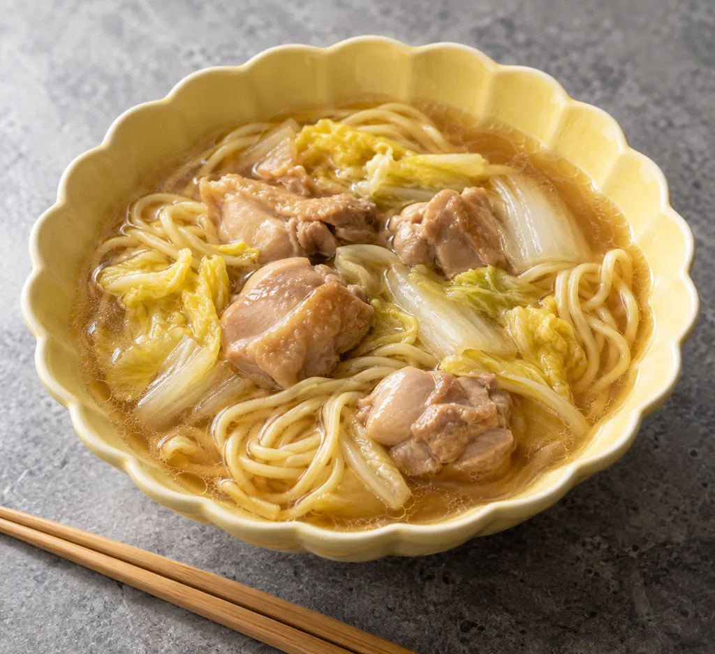 鶏もも肉と白菜の中華スープ麺の完成イメージ