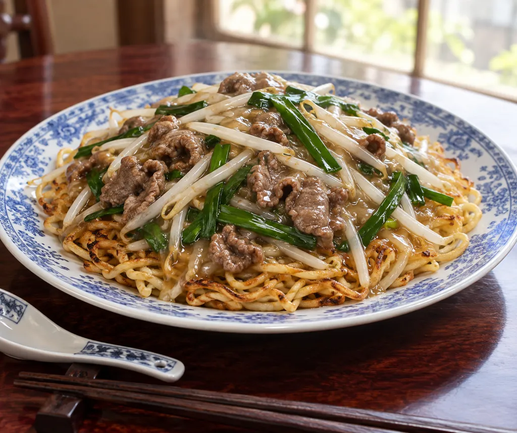 牛こま肉ともやしのあんかけ焼きそばの完成イメージ