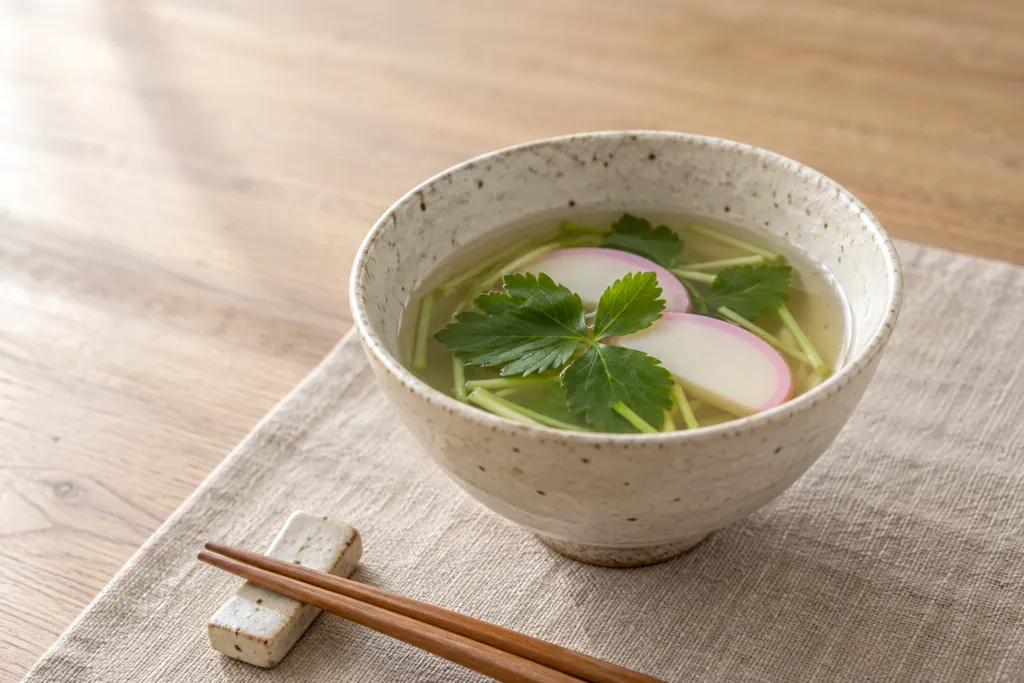 かまぼこと三つ葉のすまし汁の完成イメージ