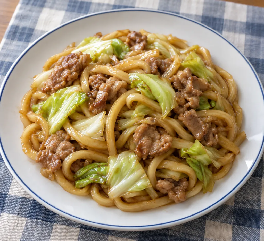 時短豚こま肉とキャベツの焼きうどんの完成イメージ