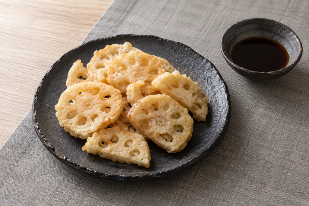 れんこんの薄衣揚げ焼き 酢醤油添えの完成イメージ