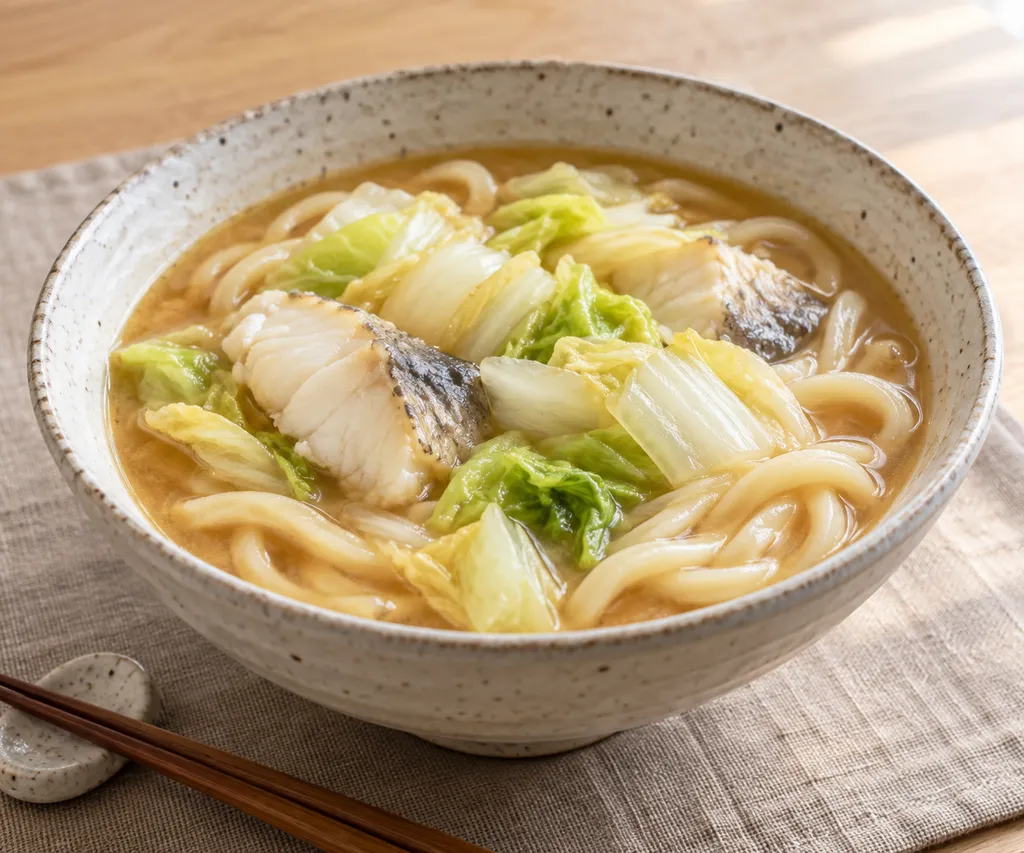 たらと白菜の味噌煮込みうどんの完成イメージ