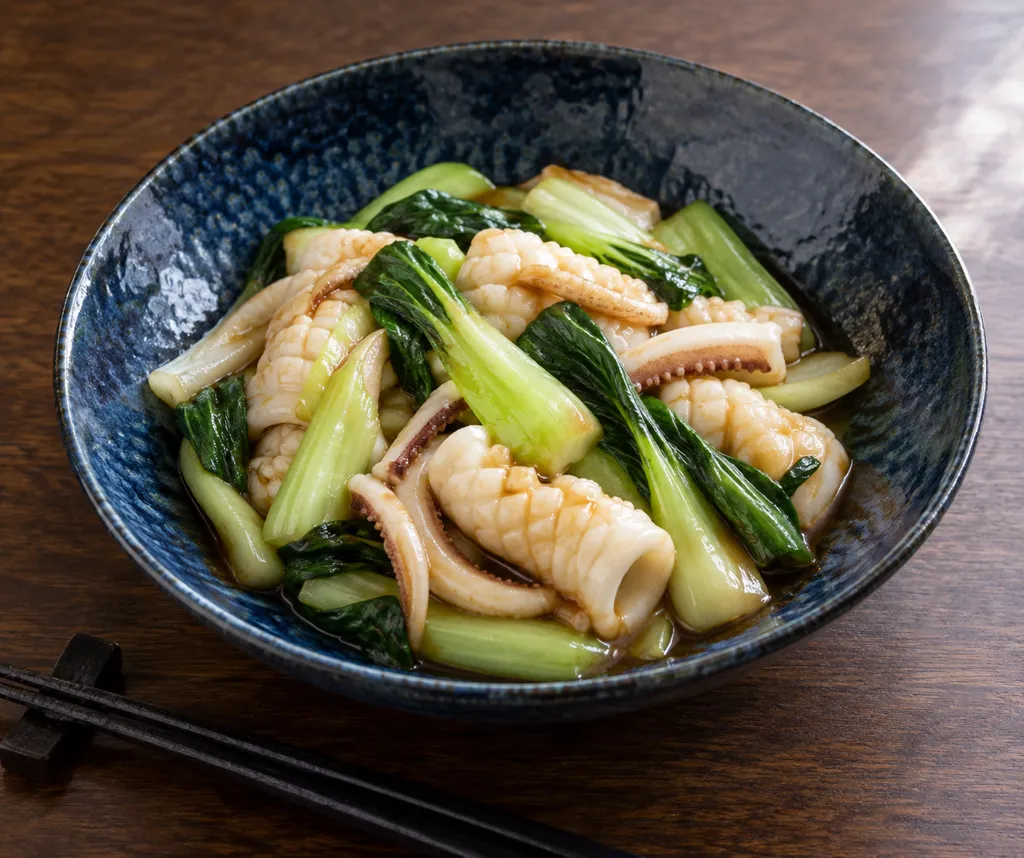 いかとチンゲン菜のバター醤油炒めの完成イメージ