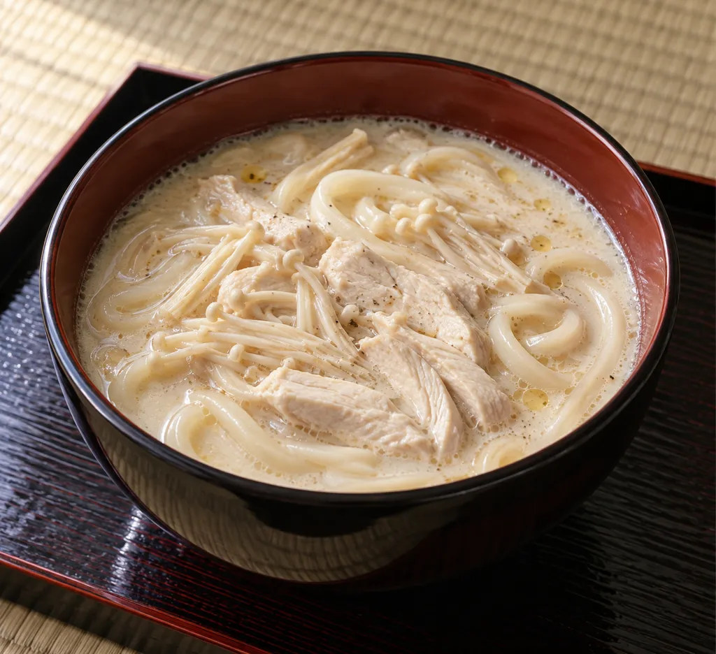 鶏むね肉とえのきの豆乳うどんの完成イメージ
