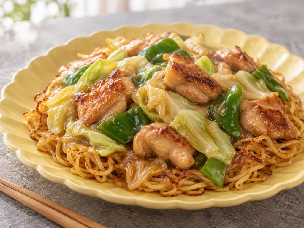 鶏もも肉とキャベツのあんかけ焼きそばの完成イメージ