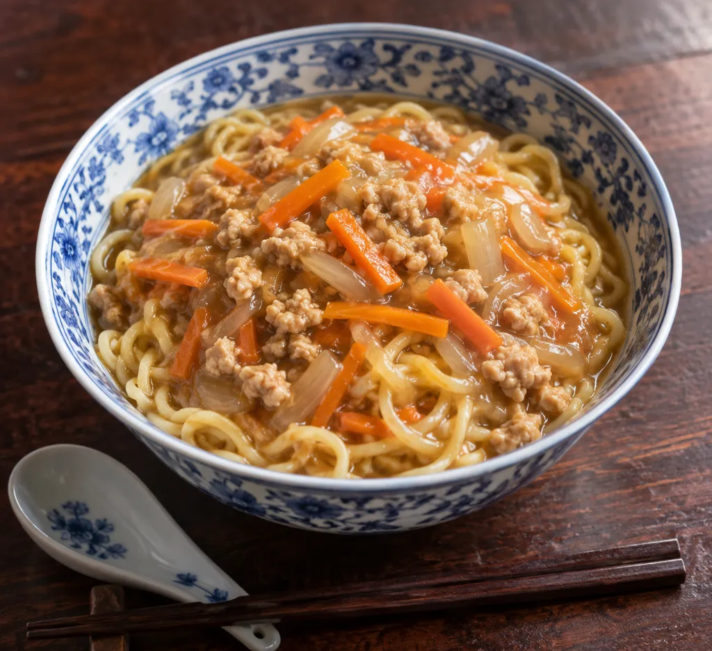 鶏ひき肉とにんじんの中華あんかけ麺の完成イメージ