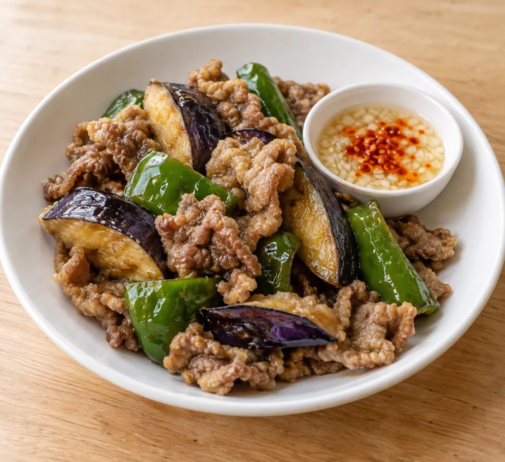 なすと牛薄切り肉の揚げ焼きの完成イメージ