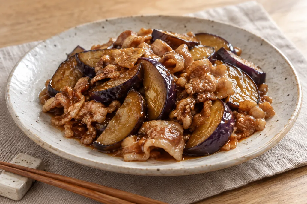 時短豚バラ肉となすの甘味噌炒めの完成イメージ