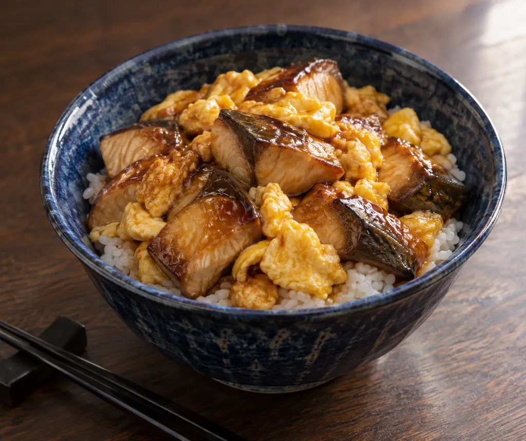 ぶりと卵の照り焼き丼の完成イメージ