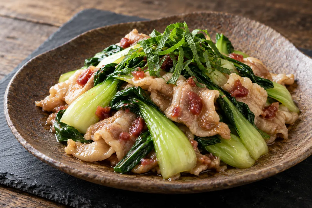 豚バラ肉とチンゲン菜の梅しそ炒めの完成イメージ