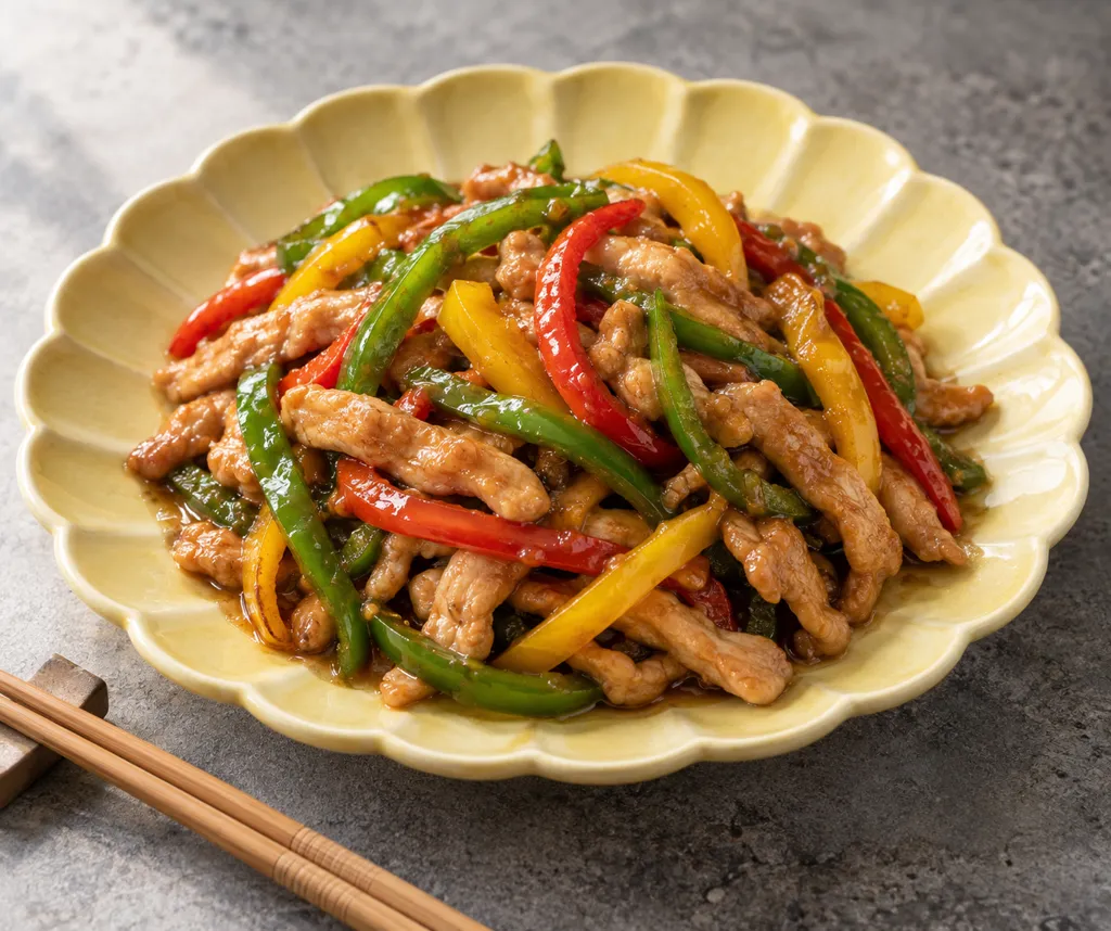 鶏もも肉とパプリカの青椒肉絲の完成イメージ