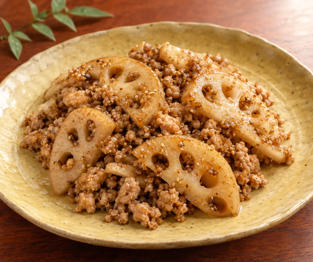 鶏ひき肉とれんこんのごま炒めの完成イメージ