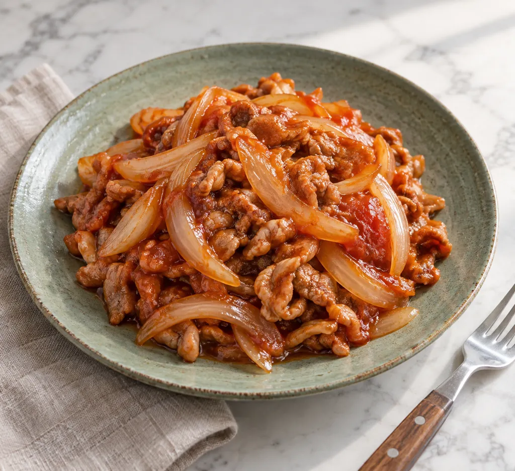 豚こま肉と玉ねぎのケチャップ炒めの完成イメージ