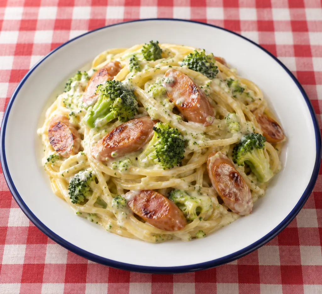 ウインナーとブロッコリーのパスタの完成イメージ