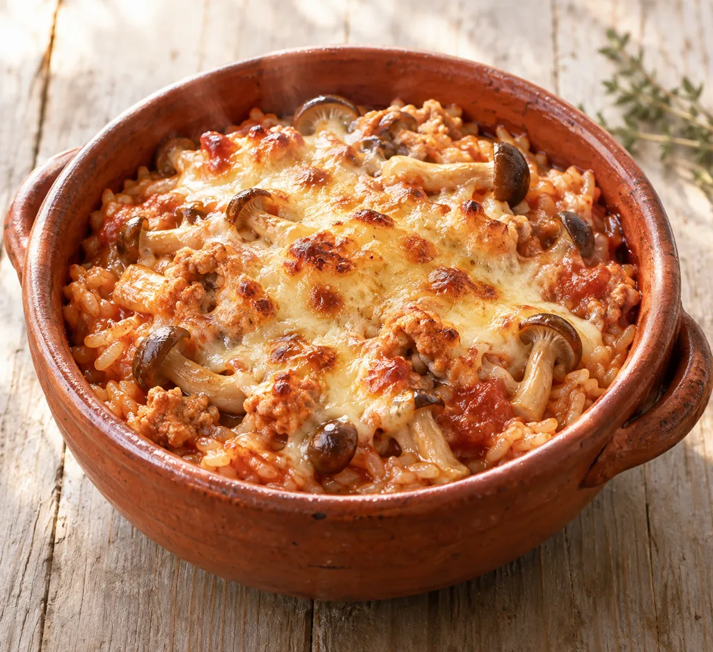 鶏ひき肉としめじのライスグラタンの完成イメージ