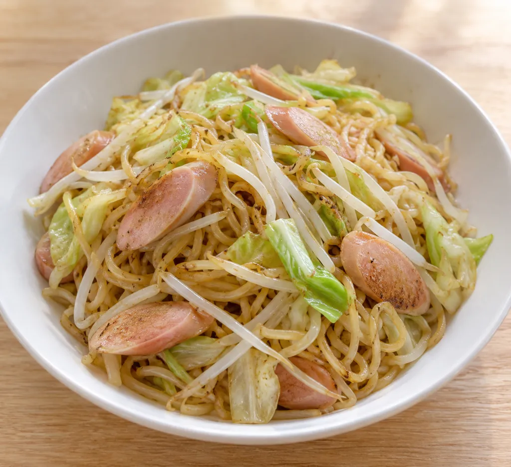 魚肉ソーセージとキャベツの塩焼きそばの完成イメージ