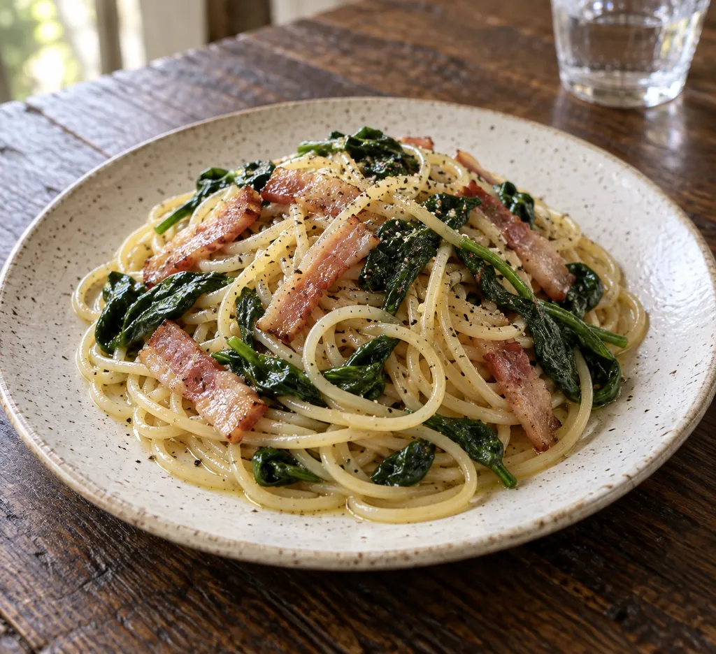 ベーコンとほうれん草のパスタの完成イメージ