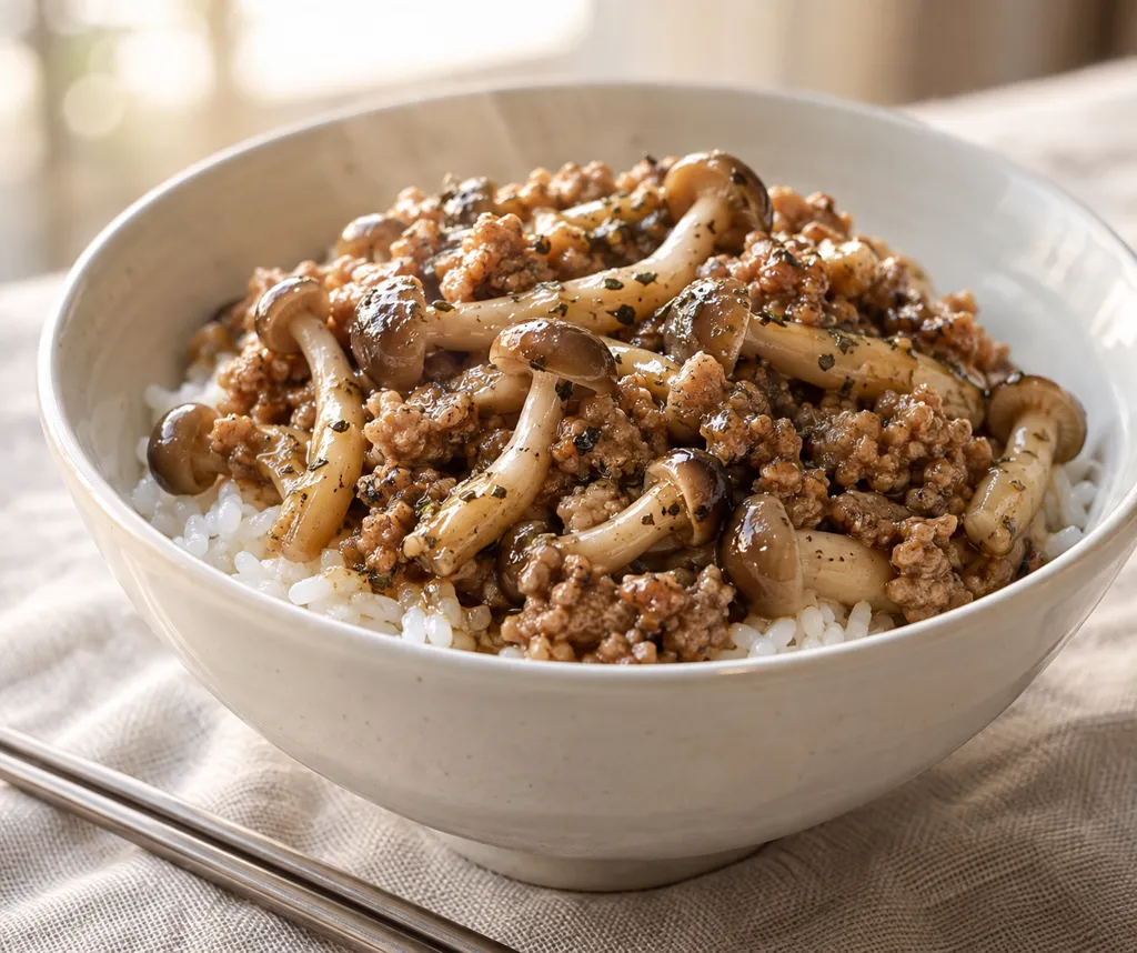 豚ひき肉としめじのバジル炒め丼の完成イメージ