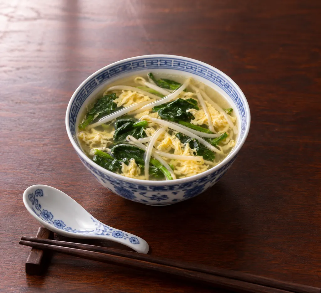 もやしとほうれん草の卵入り中華汁の完成イメージ