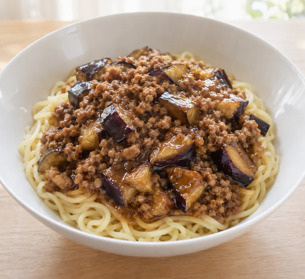 鶏ひき肉となすのジャージャー麺の完成イメージ