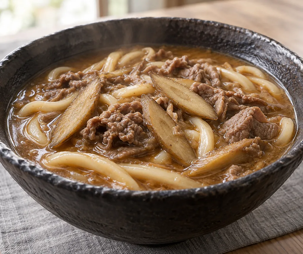 牛こま肉とごぼうの味噌煮込みうどんの完成イメージ