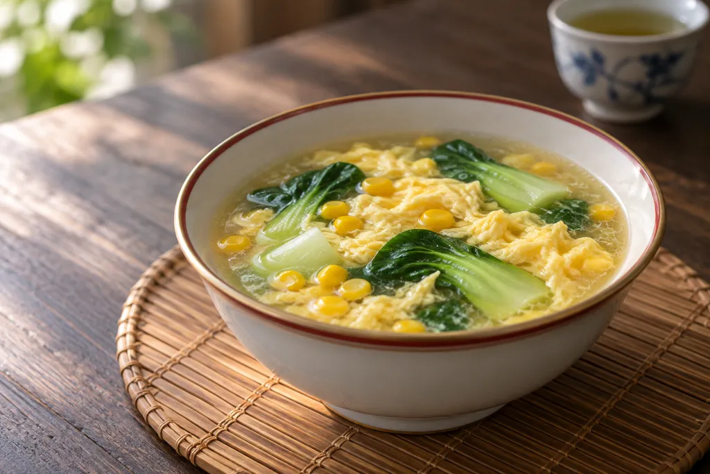 チンゲン菜とコーンの中華卵スープの完成イメージ