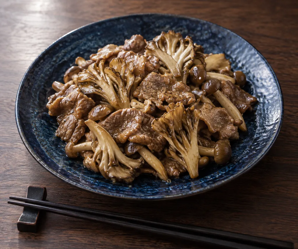 牛もも肉とまいたけの醤油炒めの完成イメージ