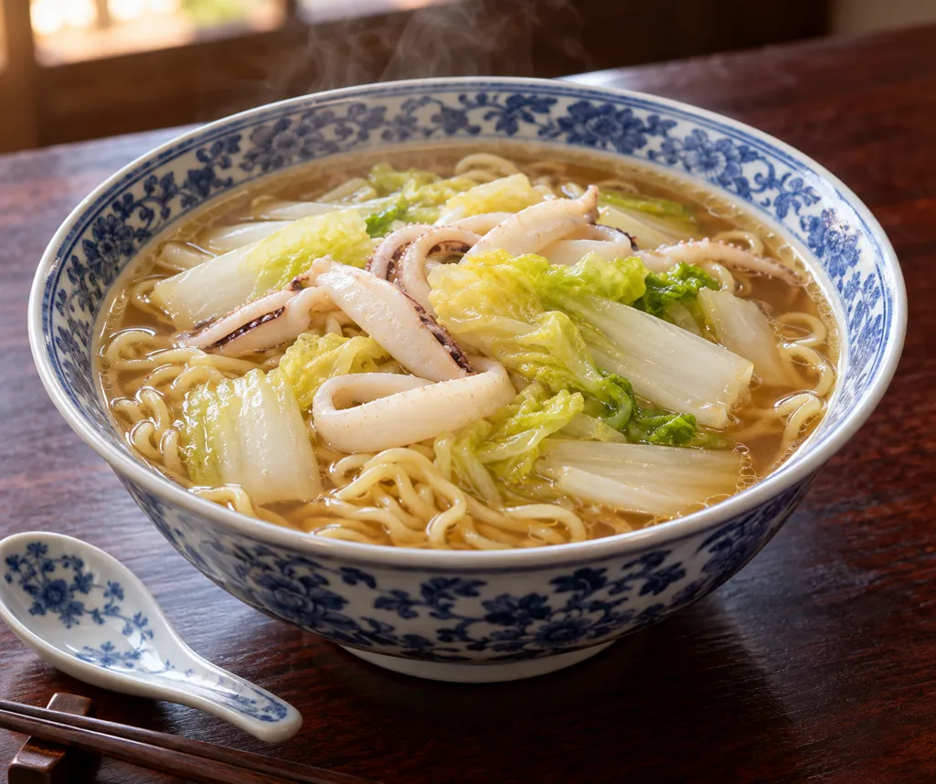 時短いかと白菜の中華スープ麺の完成イメージ