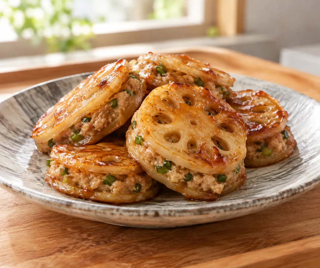 れんこんと鶏ひき肉のねぎ味噌はさみ焼きの完成イメージ
