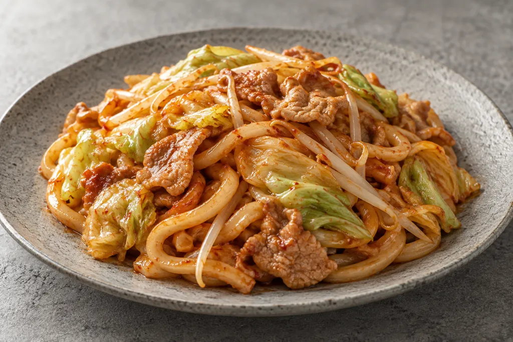 豚こま肉とキャベツの辛口焼きうどんの完成イメージ