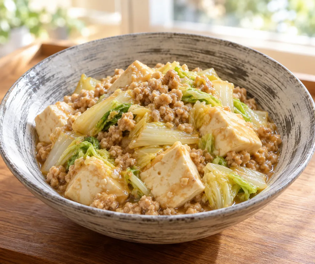 鶏ひき肉と白菜の味噌豆腐炒めの完成イメージ