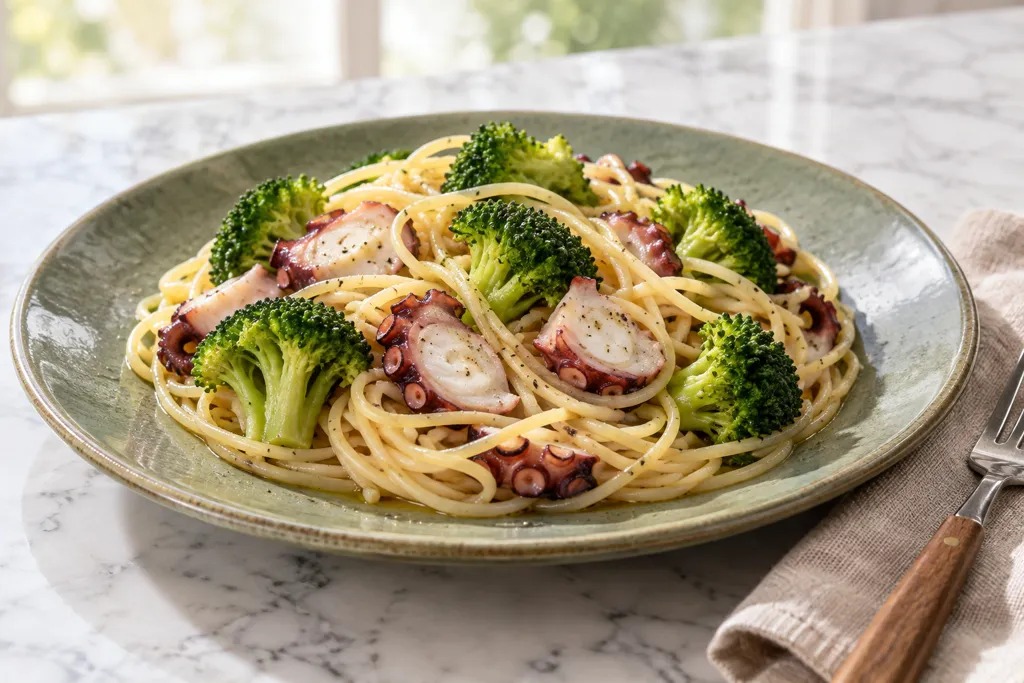 たことブロッコリーのペペロン風パスタの完成イメージ