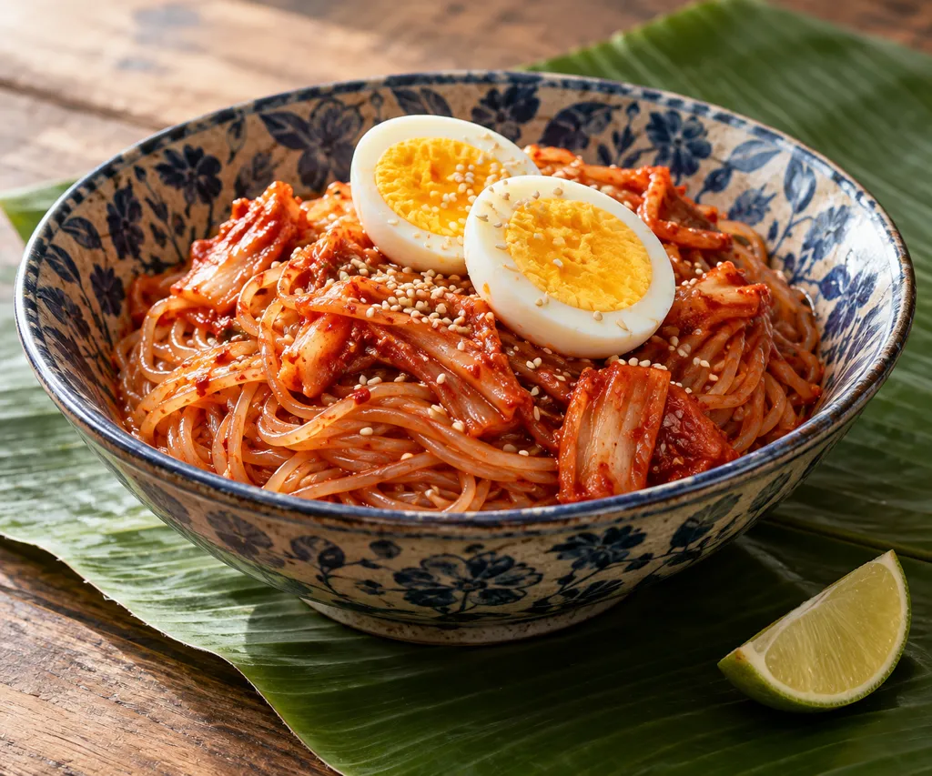 ゆで卵とキムチの冷麺ビビン麺の完成イメージ