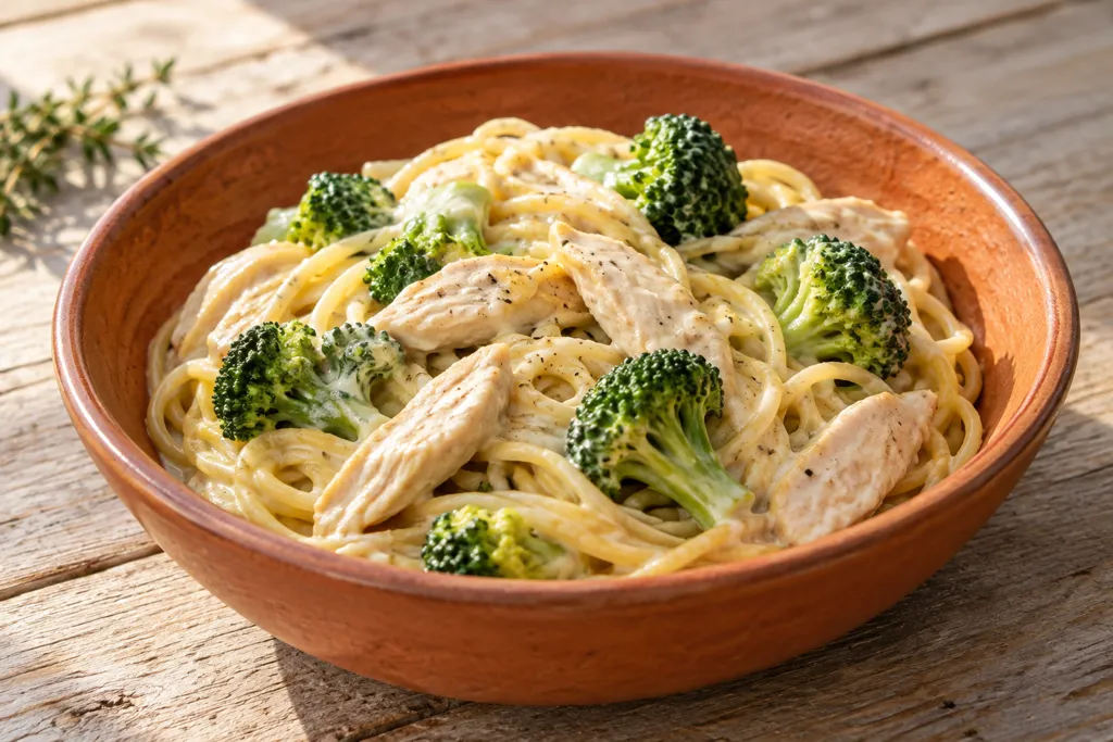 鶏むね肉とブロッコリーのパスタの完成イメージ
