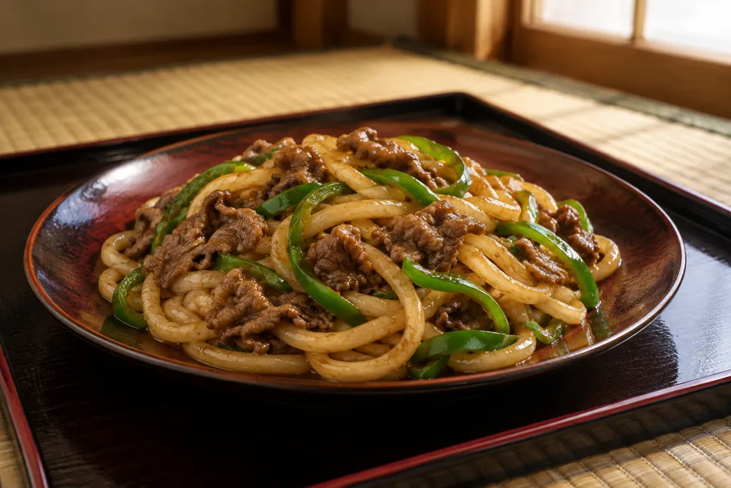 牛こま肉とピーマンの焼きうどんの完成イメージ