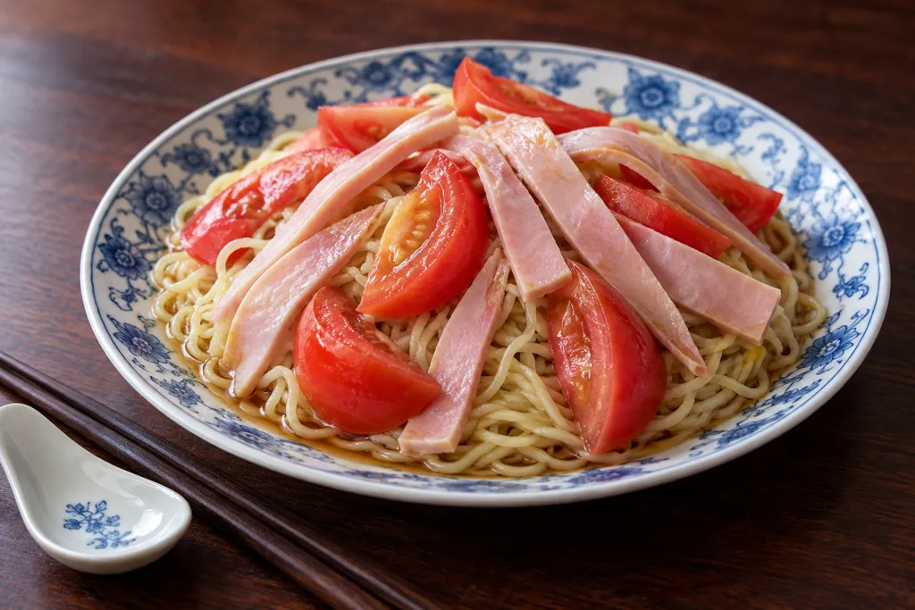 ハムとトマトの冷やし中華の完成イメージ
