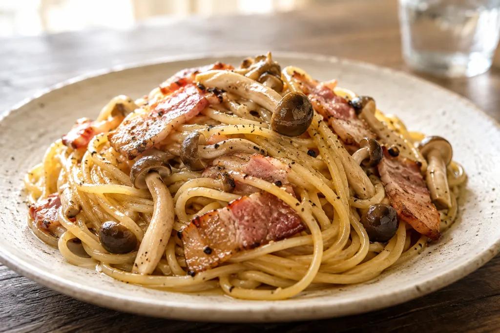 ベーコンとしめじのペペロン風パスタの完成イメージ