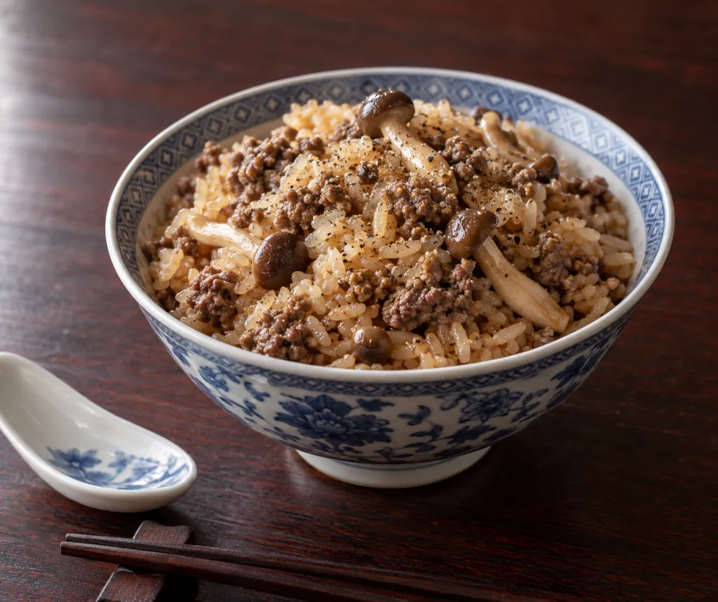 牛ひき肉としめじの中華炊き込みご飯の完成イメージ