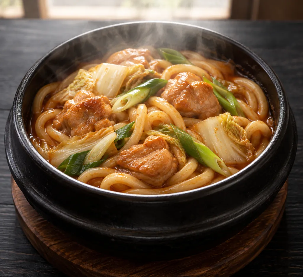 鶏もも肉と白菜の韓国辛うどんの完成イメージ