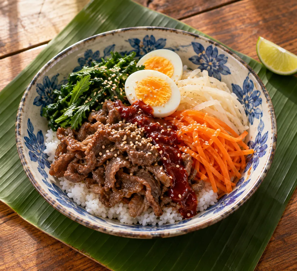 牛薄切り肉と春菊のビビンバの完成イメージ