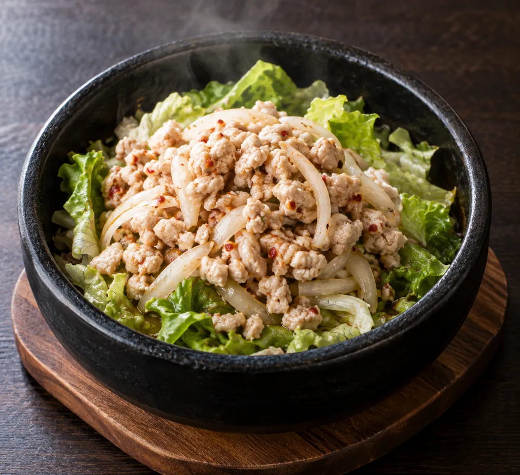 鶏ひき肉と玉ねぎのラープ風レタス添えの完成イメージ
