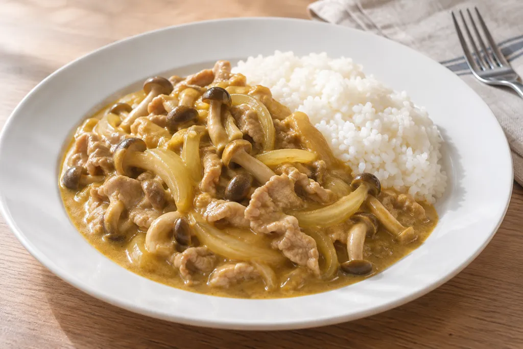 豚こま肉としめじのカレークリーム煮の完成イメージ