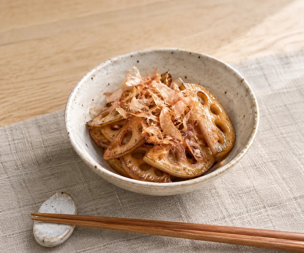 れんこんとかつお節の甘辛醤油焼きの完成イメージ