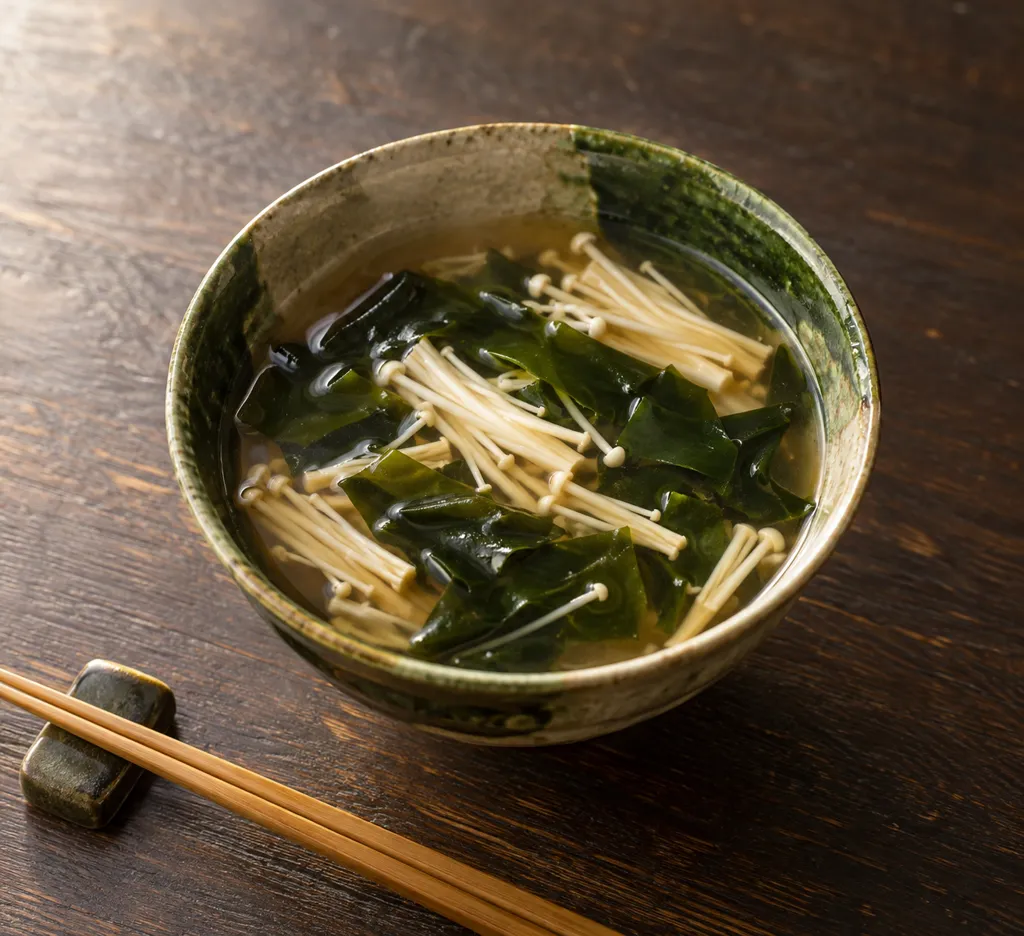生わかめとえのきのさっぱり酢醤油スープの完成イメージ