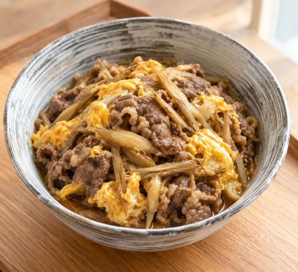 牛こま肉とごぼうの卵とじの完成イメージ
