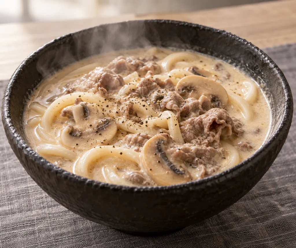 牛肉とマッシュルームの豆乳うどんの完成イメージ